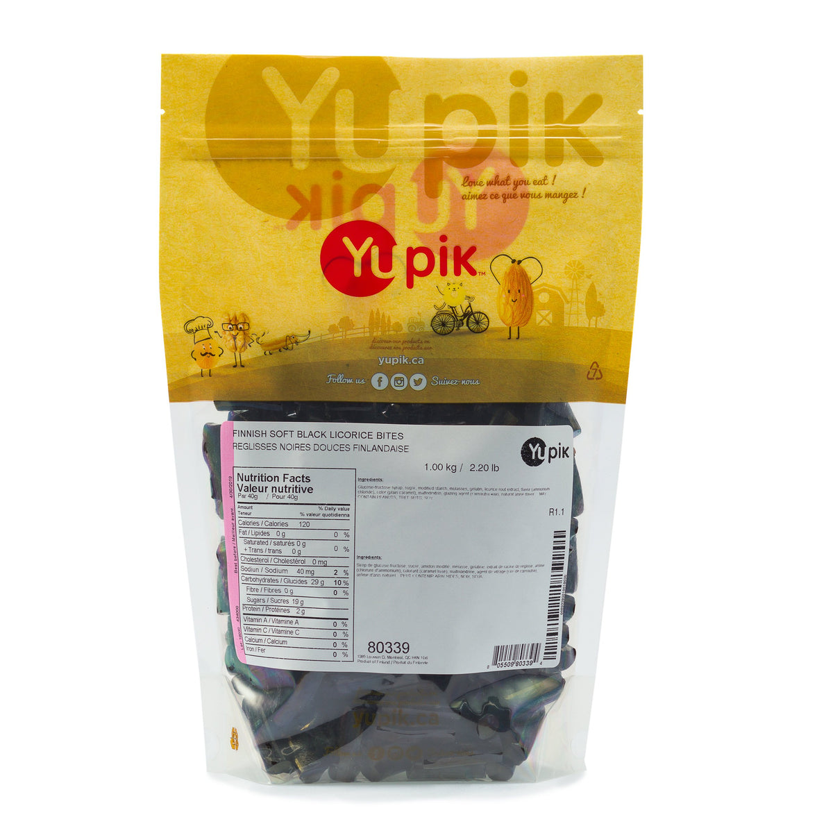 Bouchées de réglisse noire tendre finlandaise Yupik, 1 kg, paquet de 6, bonbons tendres et moelleux, saveur originale de réglisse sucrée, friandise amusante, collation délicieuse, friandises d'Halloween, idéal pour offrir en cadeau et pour les fêtes
