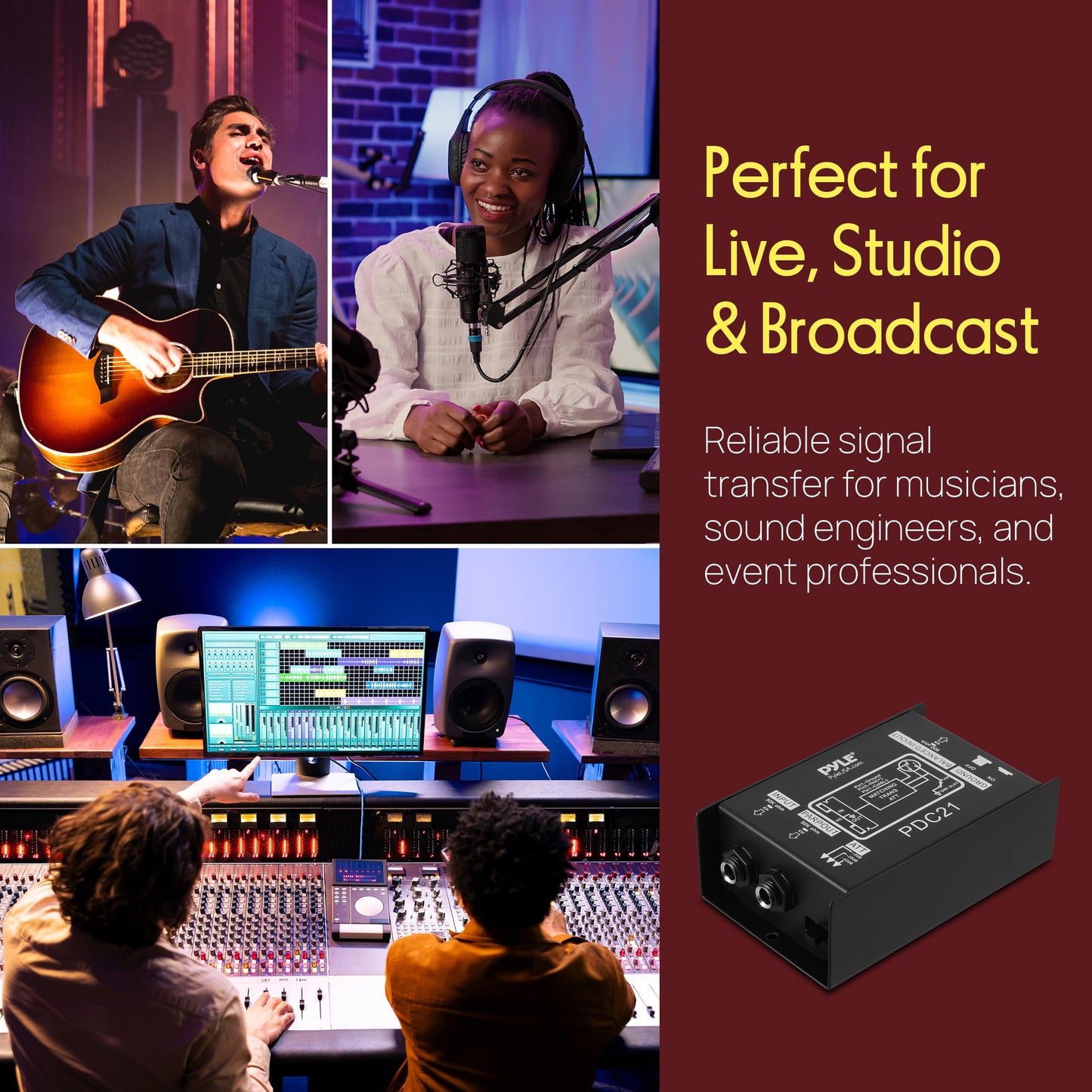 Premium Direct Injection Audio Box - Passive DI Unit Hum Eliminator w/ Input Attenuator to Connect Guitar & Bass, 1/4'' Impedance Transformer Connector to Balanced & Unbalanced XLR, Black - Pyle PDC21 🍁 All In One Marketplace Canada