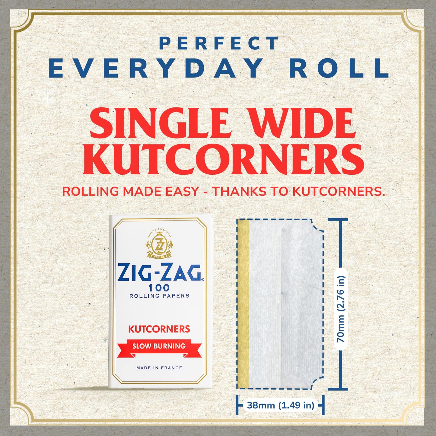 Zig-Zag Slow Burning Rolling Papers, Carton of 25 Packs, 100 Leafs per Pack, Size Single Wide (Regular), Kut Corners Easy Rolling 100% Natural Gum Arabic, No Bleach, Authentic White Paper 2500 Sheets