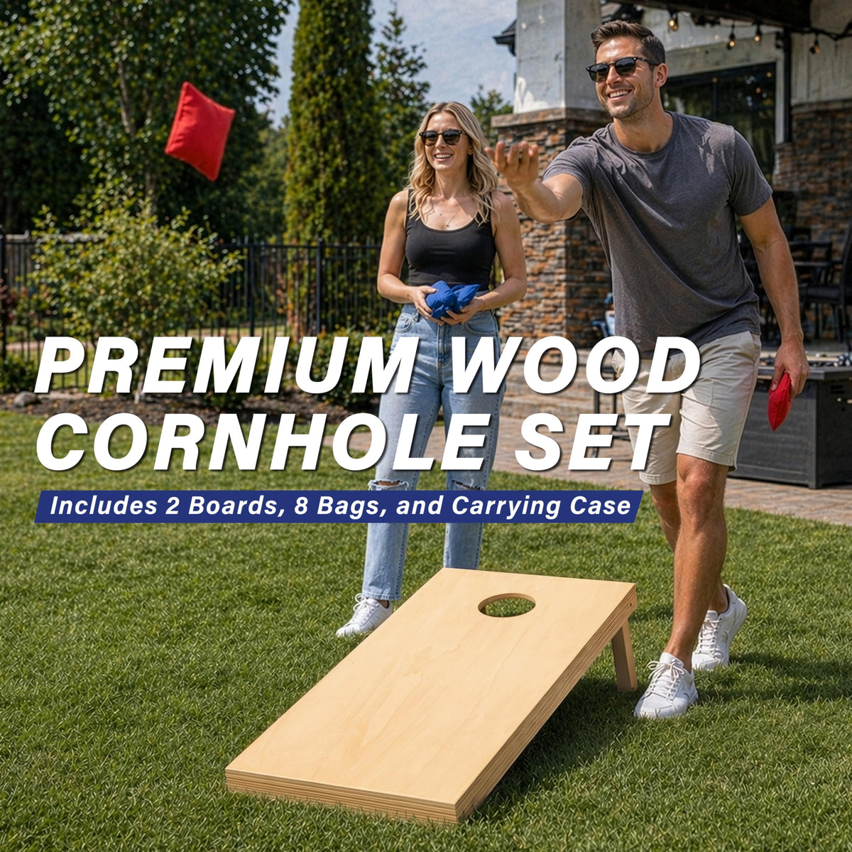 GoSports Solid Wood Premium Cornhole Set - Choose Between 4 ft x 2 ft or 3 ft x 2 ft Game Boards, Includes Set of 8 Corn Hole Toss Bags