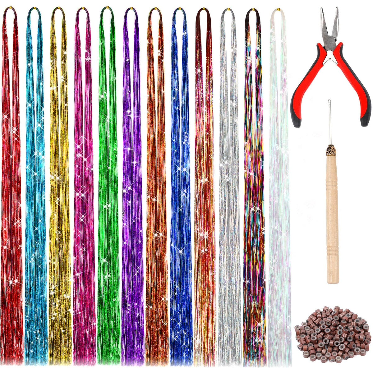 FEBSNOW 47 Inch Straight Hair Extension Tinsel Kit 2400 Strands 12 Mixed Colors Glitter Hair Extensions Tool for Women Girls Hair Accessories for Christmas New Year Halloween Cosplay Party 🍁 All In One Marketplace Canada