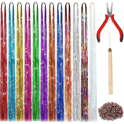 FEBSNOW 47 Inch Straight Hair Extension Tinsel Kit 2400 Strands 12 Mixed Colors Glitter Hair Extensions Tool for Women Girls Hair Accessories for Christmas New Year Halloween Cosplay Party 🍁 All In One Marketplace Canada