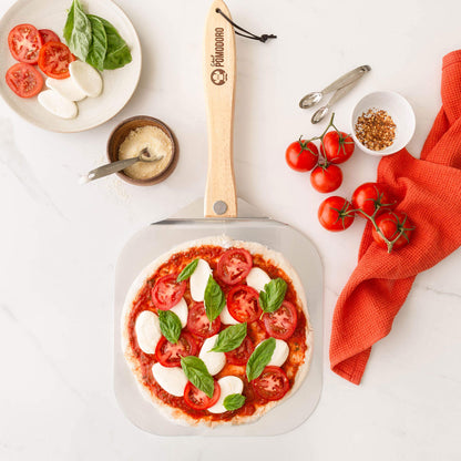 Chef Pomodoro Aluminum Metal Pizza Peel with Foldable Wood Handle for Easy Storage 12-Inch x 14-Inch, Gourmet Luxury Pizza Paddle for Baking Homemade Pizza Bread - Available at All In One Marketplace Canada