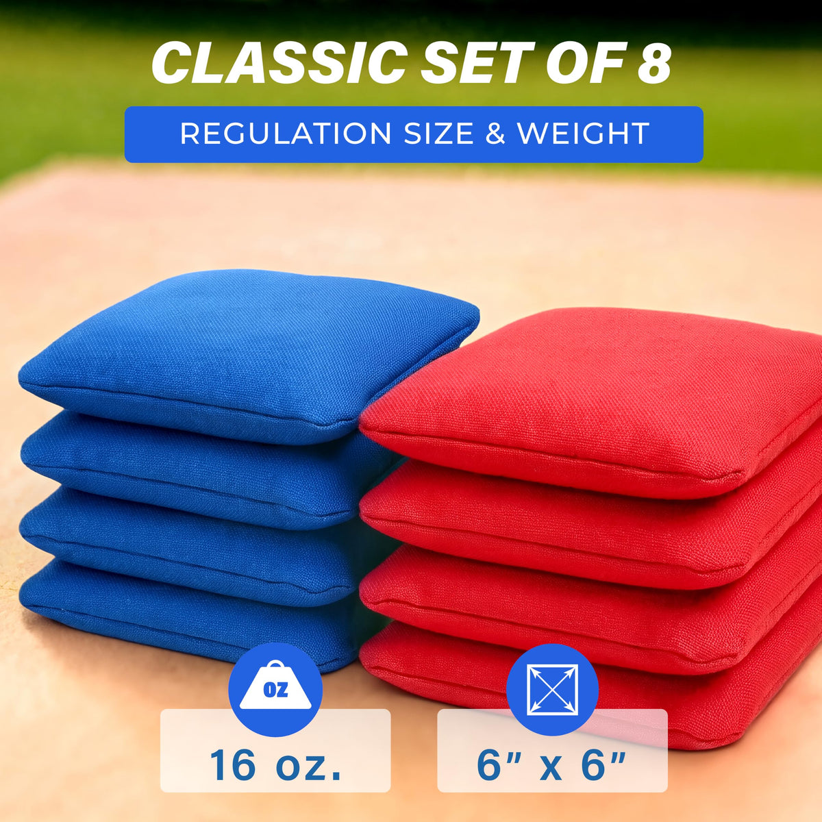 GoSports Official Regulation Cornhole Bean Bags Set of 8 - All Weather - Classic Red and Blue
