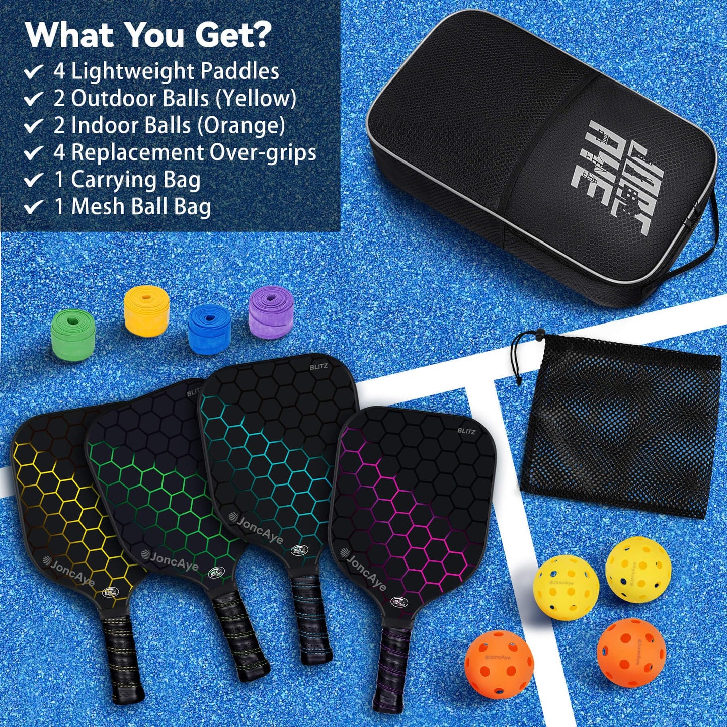 JoncAye Pickleball Paddles Set of 4 Rackets and Balls with Paddle Case, Lead Tape, Ball Bag, Carbon Fiber Pickle-Ball Raquette for Beginner | USAPA Approved Pickleball Equipment with Accessories
