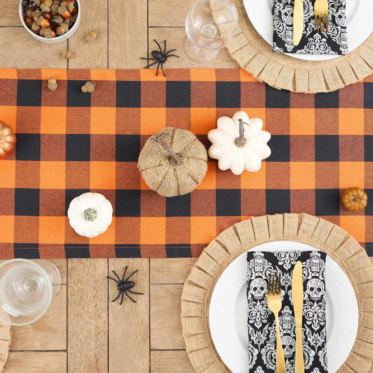 DII 100-Percent Cotton, Machine Washable, Dinner, Halloween Table Runner 14x108", Orange and Black Buffalo Check