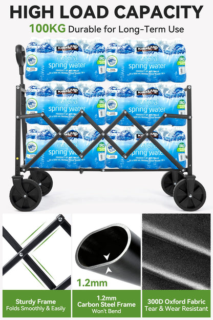 Hikenture Wagon Cart Foldable, Ultra-Compact Small Utility Folding Wagon, Heavy Duty Grocery Cart with All-Terrain Wheels, Portable Collapsible Wagon for Garden, Beach, Shopping, Camping, Sports