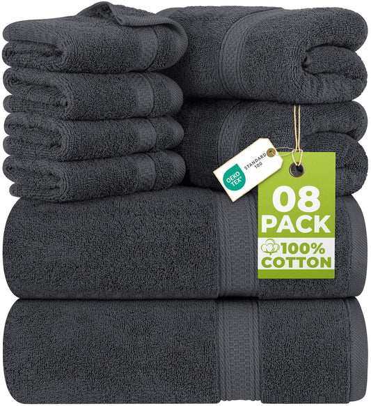 Utopia Towels 8 Piece Premium Towel Set, 2 Bath, 2 Hand, and 4 Wash Cloths, 600 GSM 100% Ring Spun Cotton Highly Absorbent Towels for Bathroom, Gym, Hotel, and Spa, Grey
