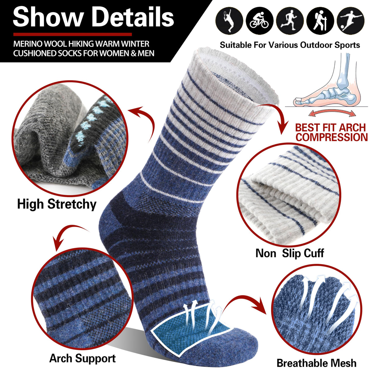 Merino Wool Socks for Women Men Thermal Winter Warm Hiking Crew Boot Work Thick Cozy Gift Socks Stocking Stuffers 5 Pairs(Purplish Blue Grey,L) 🍁 All In One Marketplace Canada
