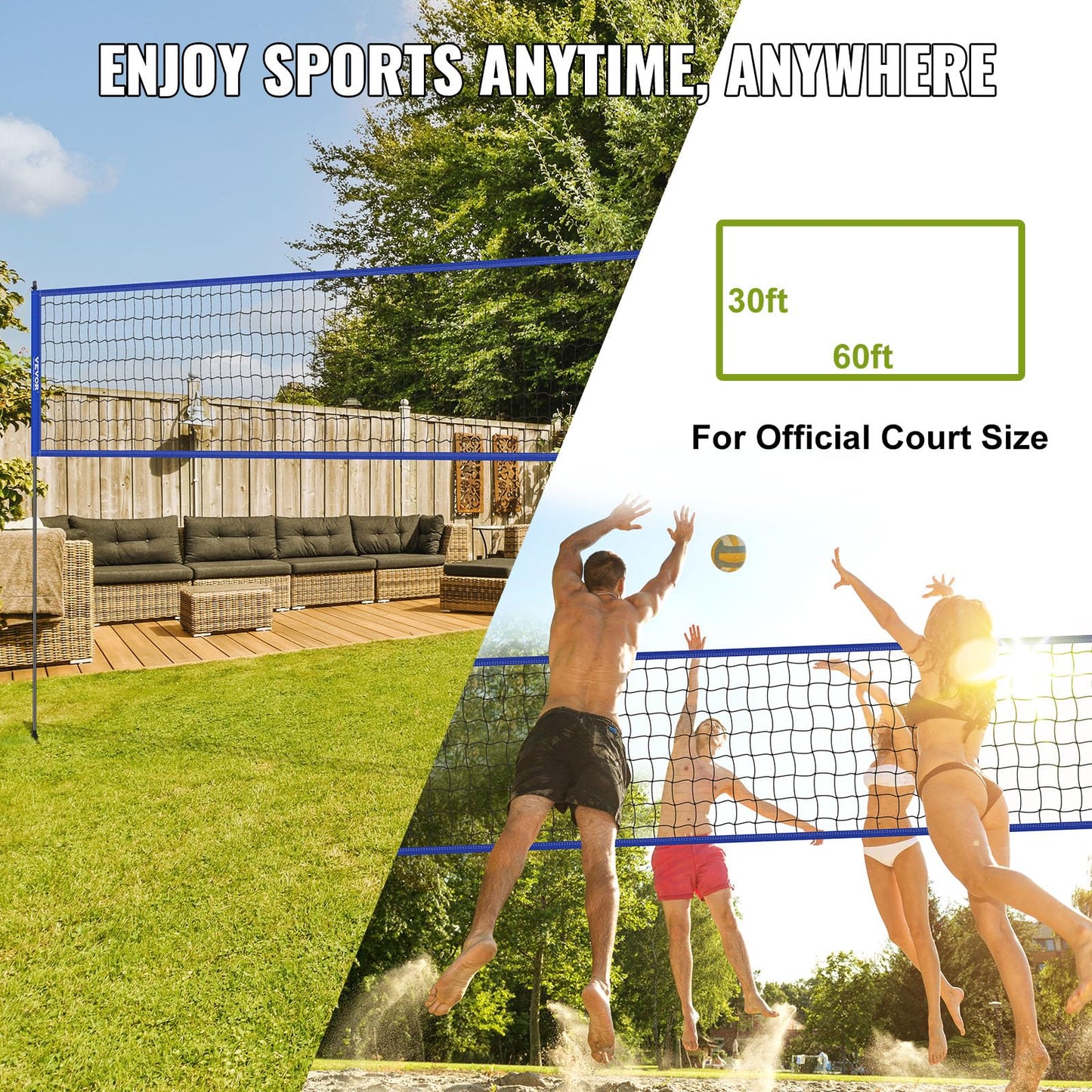 VEVOR Outdoor Portable Volleyball Net System, Adjustable Height Steel Poles, Professional Volleyball Set with PVC Volleyball, Pump, Carrying Bag, Heavy Duty Volleyball Net for Backyard, Beach, Lawn VEVOR