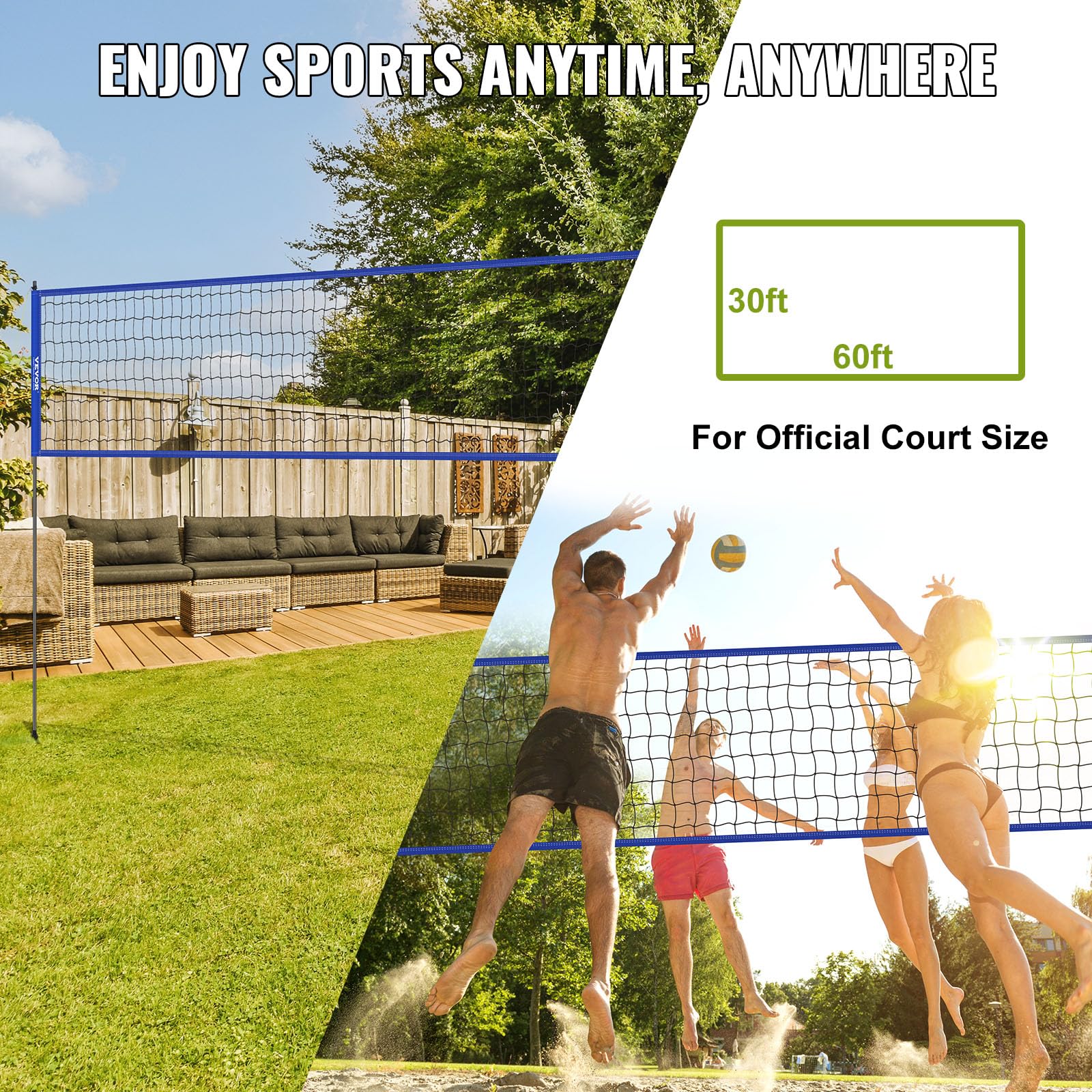 VEVOR Outdoor Portable Volleyball Net System, Adjustable Height Steel Poles, Professional Volleyball Set with PVC Volleyball, Pump, Carrying Bag, Heavy Duty Volleyball Net for Backyard, Beach, Lawn VEVOR