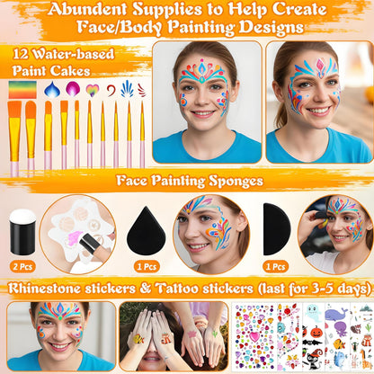 Face Painting Kit Professional for Kids Adults,12 x 10g Split Cake Face Paint Palette Water Activated Face Paint with Stencil Brush Sponge, Rainbow Facepaint Makeup Kit for Halloween Party Body Paint 🍁 All In One Marketplace Canada