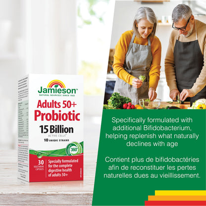 Jamieson Adult 50+ Probiotic 15 Billion Active Cells, Bifidobacterium Boost, Supports Digestive Health and Intestinal Health. 10 Unique Strains, Including Lactobacillus and Bifidobacterium, Non-GMO, Gluten-Free, 30 Vegetarian capsules
