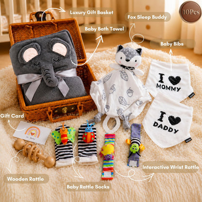 10-Piece Baby Gift Set, Ready to Gift Baby Shower Gifts Basket for Newborn Boys & Girls, Gender Neutral Newborn Essentials with Elephant Swaddle Blanket, Bibs,Wrist & Sock Rattles for Gender Reveals,Birthdays,Christmas 🍁 All In One Marketplace Canada