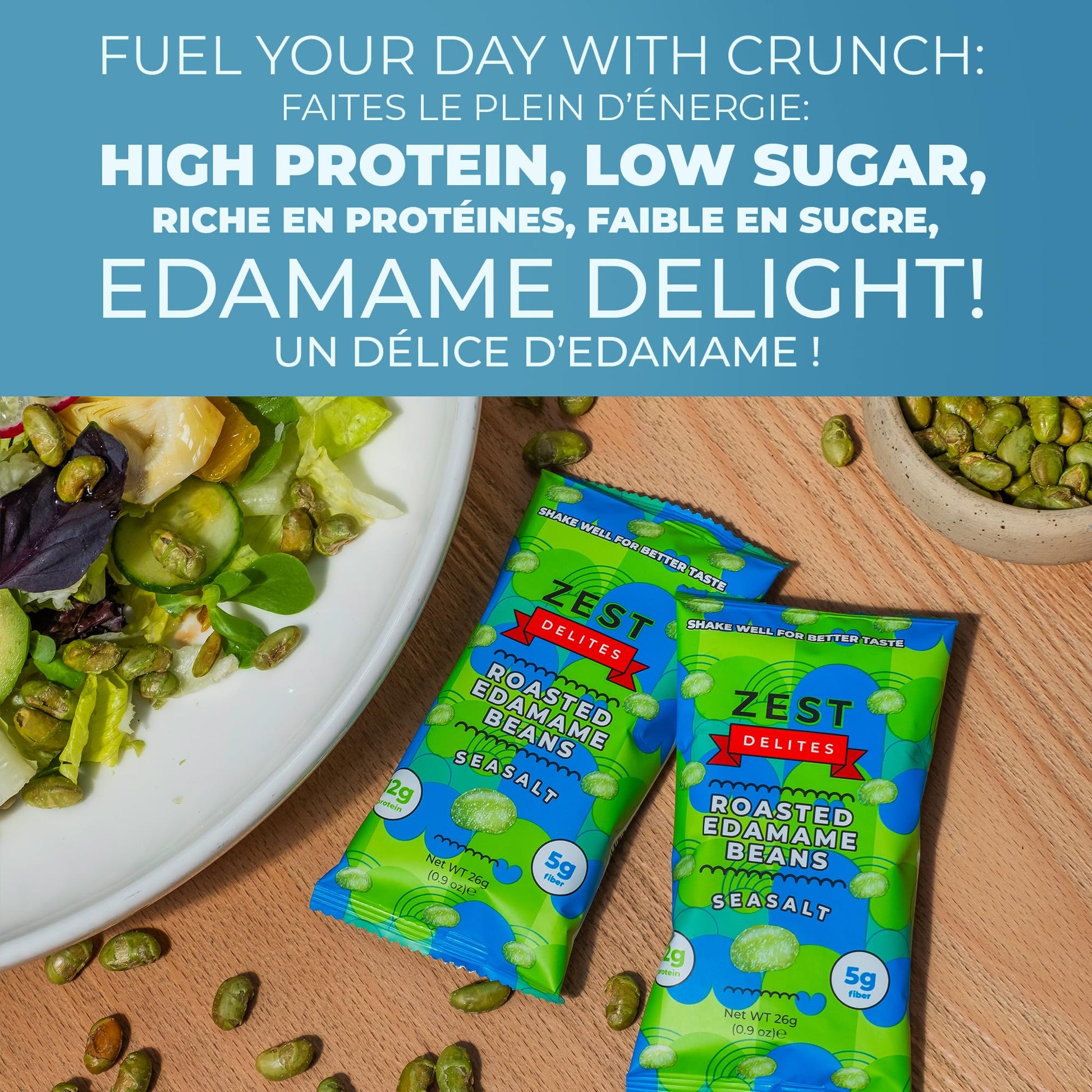 Zest Delites Roasted Edamame Snack Pack - 26g x 24 Units, 12g Protein, Sea Salt Flavor