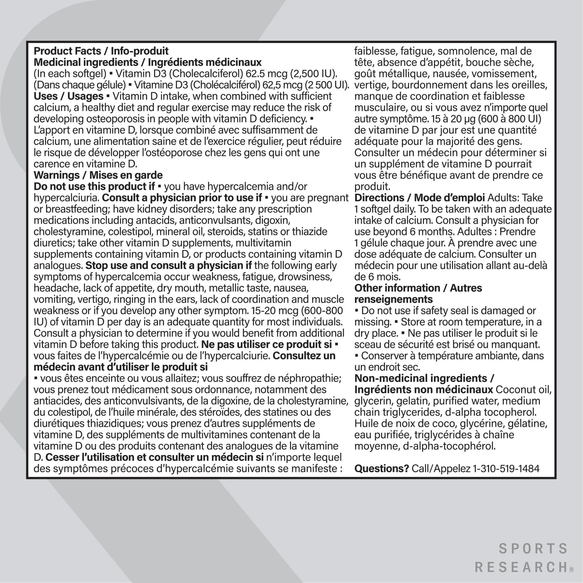 Sports Research® Vitamin D3 2500 IU with Coconut MCT Oil - High Potency Vitamin D Supplement for Immune & Bone Support - Non-GMO Verified, Gluten & Soy Free – 62.5mcg, 360 Liquid Softgels