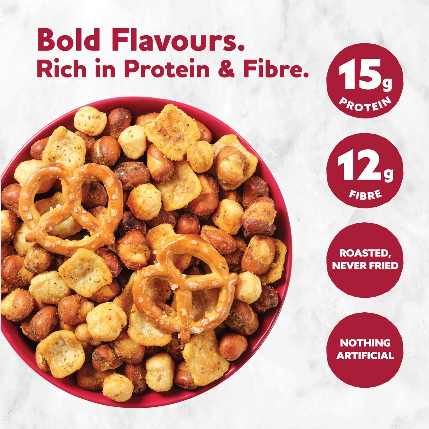 Three Farmers Protein Snack Mix – 15g Protein, 12g Fibre, Roasted Fava & Pea Puffs with Pretzels (3 x 150g)
