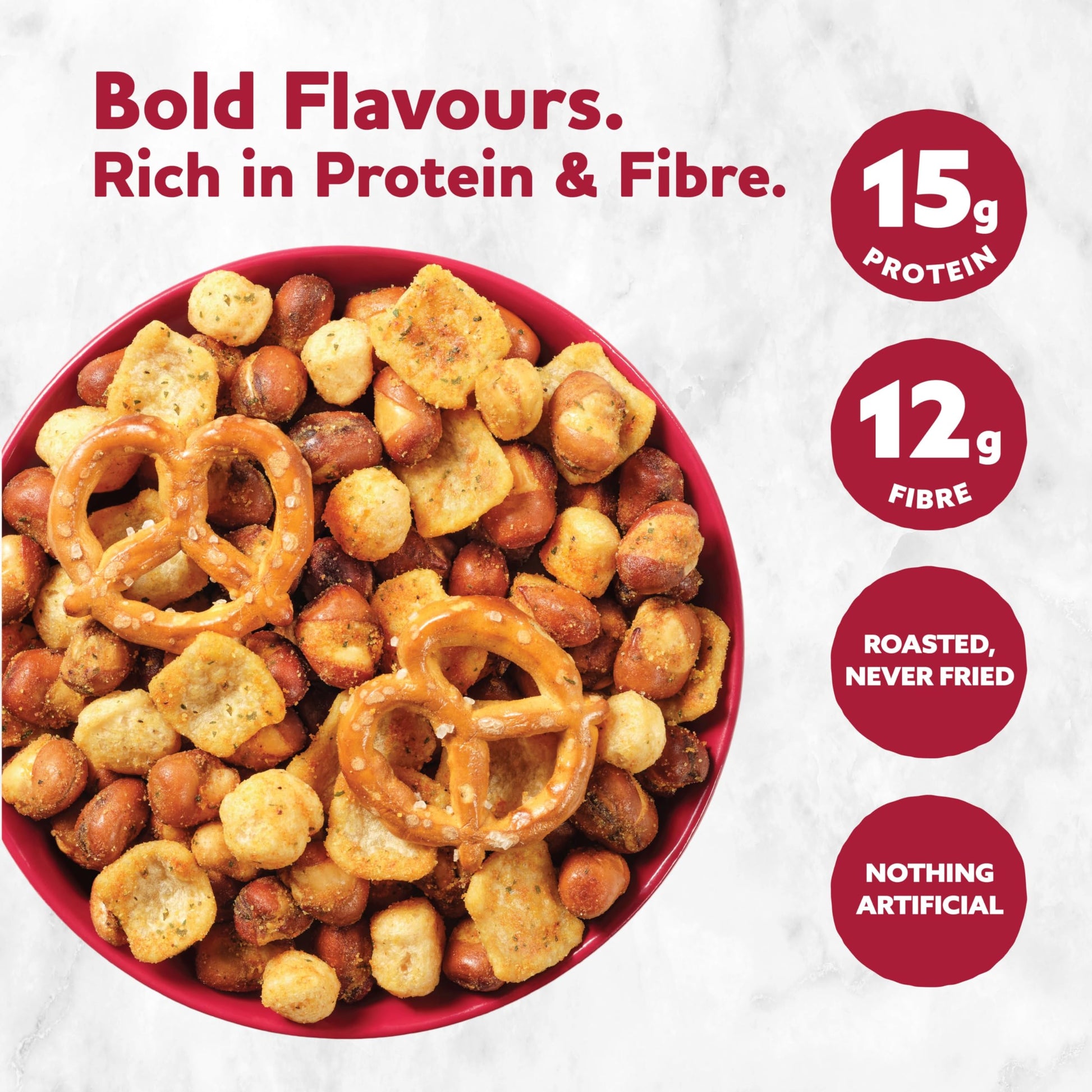 Three Farmers Protein Snack Mix – 15g Protein, 12g Fibre, Roasted Fava & Pea Puffs with Pretzels (3 x 150g)