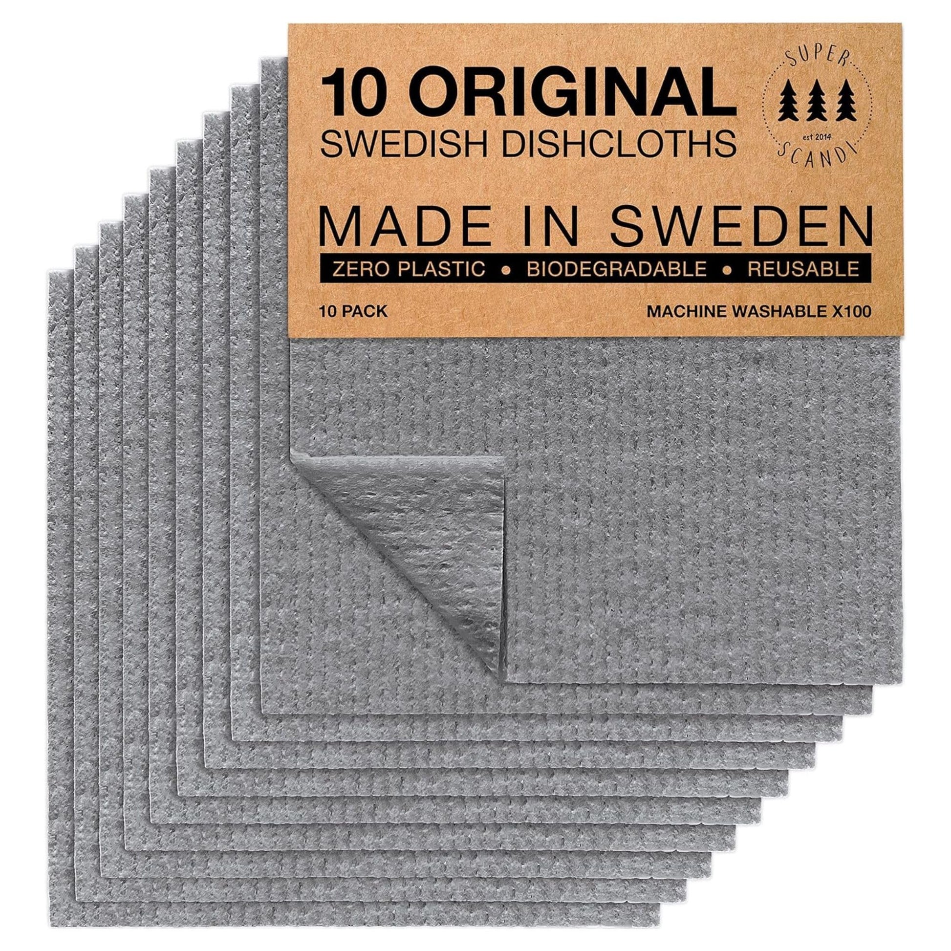SUPERSCANDI 10 Pack Swedish Dish Cloths for Kitchen - 100% Biodegradable & Compostable | Washable Kitchen Cloths, Food-Safe & Without Plastic - Reusable Paper Towel for Any Surface | Grey - Available at All In One Marketplace Canada