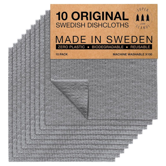 SUPERSCANDI 10 Pack Swedish Dish Cloths for Kitchen - 100% Biodegradable & Compostable | Washable Kitchen Cloths, Food-Safe & Without Plastic - Reusable Paper Towel for Any Surface | Grey - Available at All In One Marketplace Canada