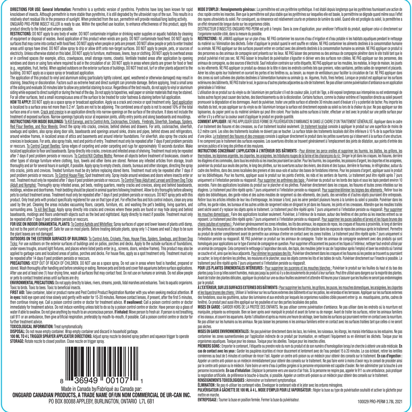 OnGuard Pro-Perm Insect Killer 3.78L | Bed Bug Spray | Fast Action, Residual (24/7), Non-Flammable, Water-Based Solution | 0.35% Permethrin | Ants, Bedbugs, Spiders, Cockroaches, Ticks, Fleas