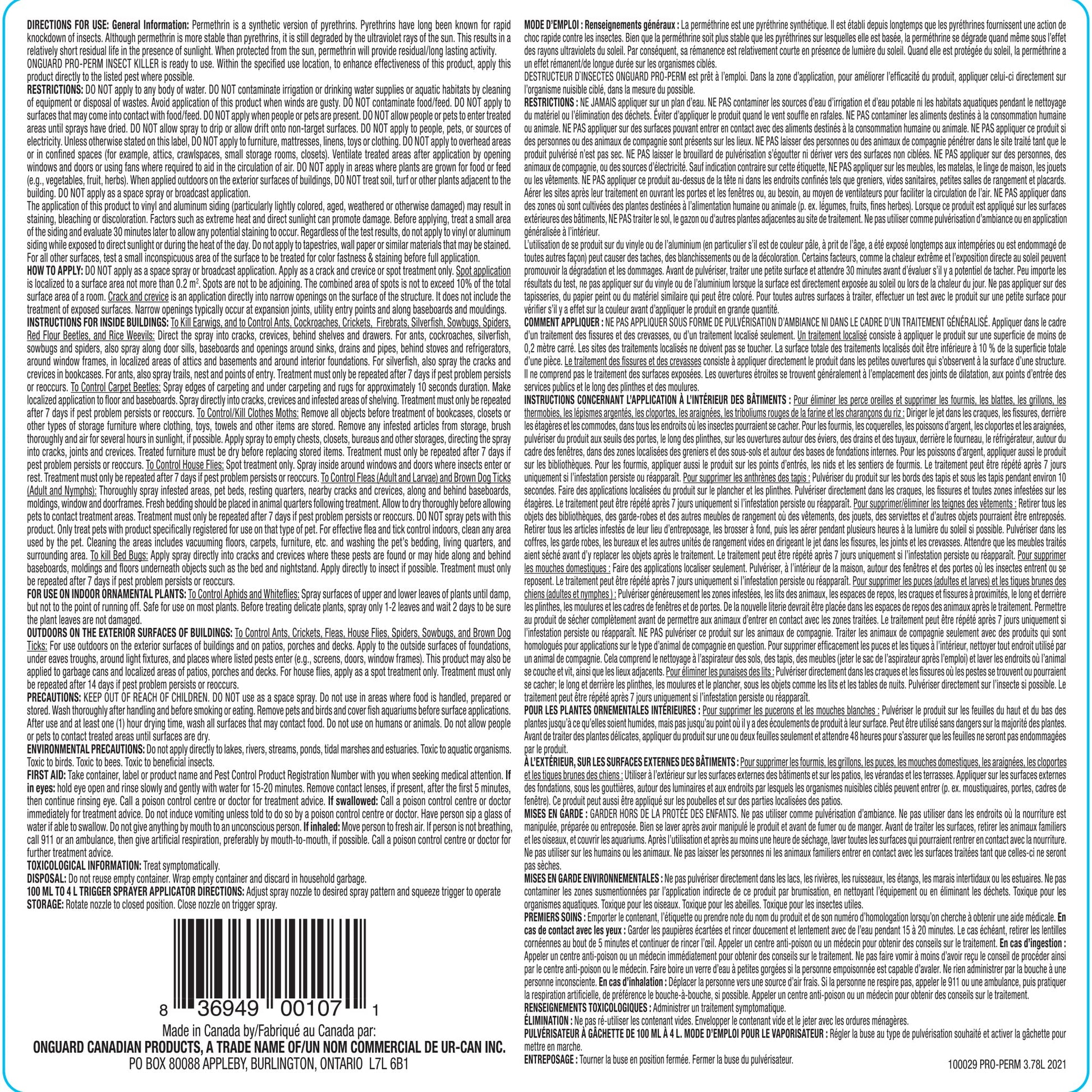 OnGuard Pro-Perm Insect Killer 3.78L | Bed Bug Spray | Fast Action, Residual (24/7), Non-Flammable, Water-Based Solution | 0.35% Permethrin | Ants, Bedbugs, Spiders, Cockroaches, Ticks, Fleas