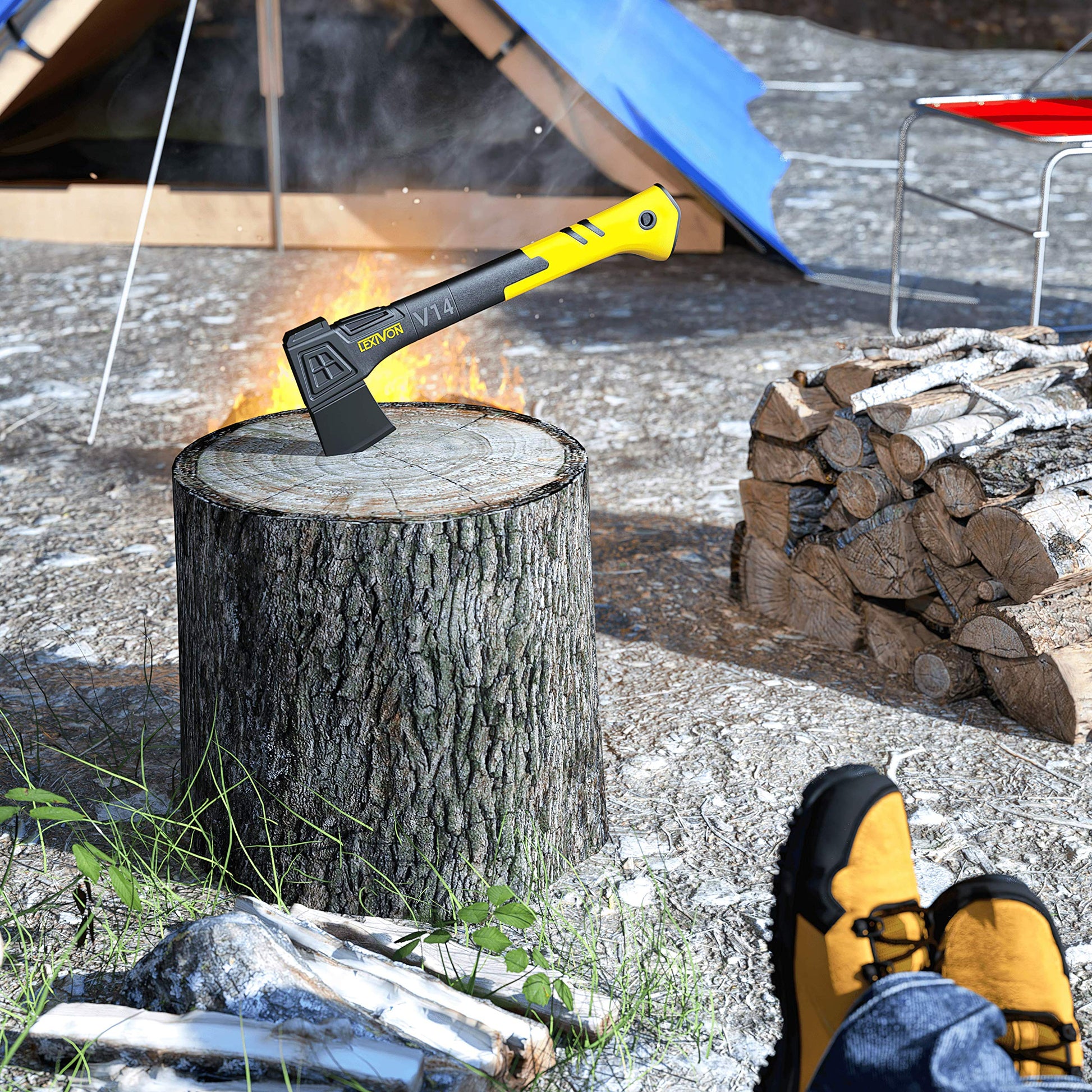 LEXIVON V14 Camping Hatchet, 14-Inch Axe | Ergonomic TPR Grip, Lightweight Fiber-Glass Composite Handle | Protective Carrying Sheath Included (LX-V14) LEXIVON