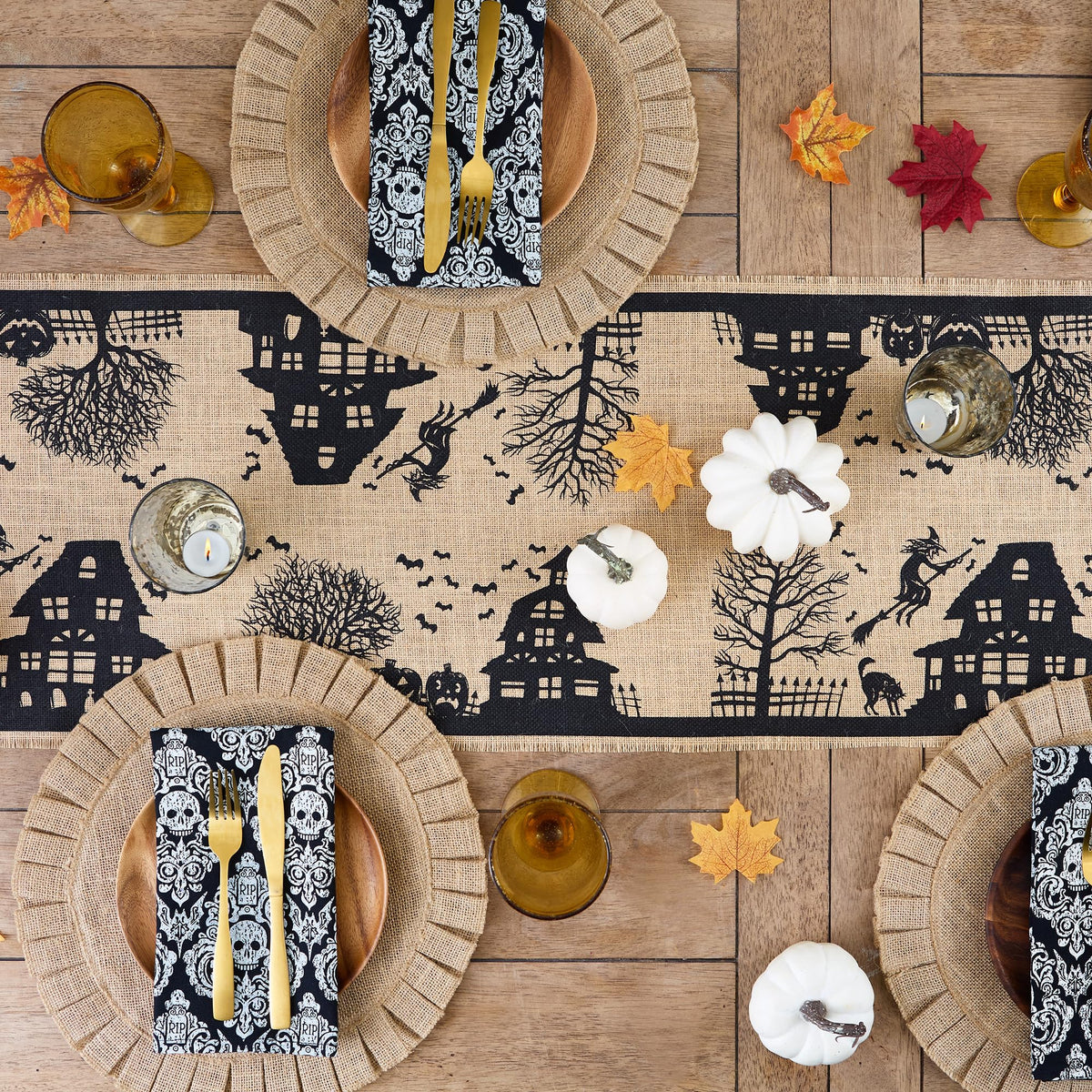 Chemin de table DII Halloween style primitif en toile de jute, maison hantée effrayante, 36 x 287 cm, noir et beige