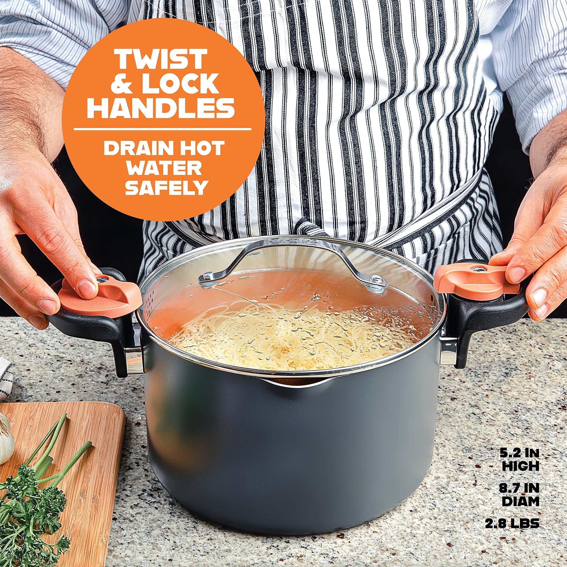 Gotham Steel 5 Quart Stock Pot with Strainer Lid, Nonstick Coated Ceramic Pot, Soup Pot, Pasta Pot with Strainer Insert, Cooking Pot with Lid and Twist Lock Handles, Dishwasher Safe, 100% Toxin Free GOTHAM STEEL