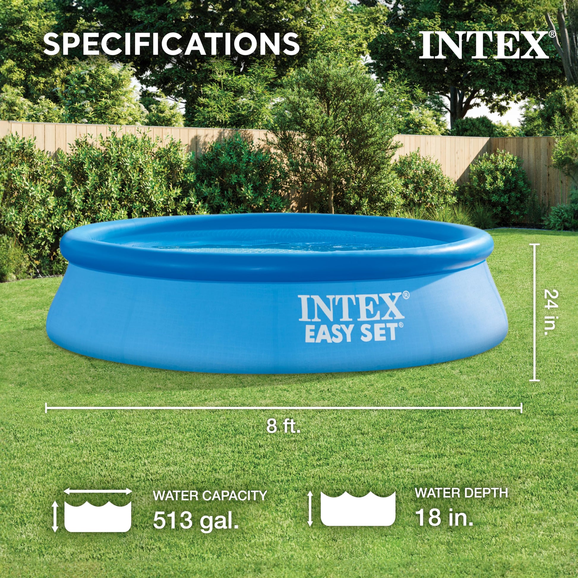 INTEX 28106EH Easy Set Inflatable Swimming Pool: 8ft x 24in – Puncture-Resistant Material – Quick Inflation – 513 Gallon Capacity – 18in Water Depth Intex