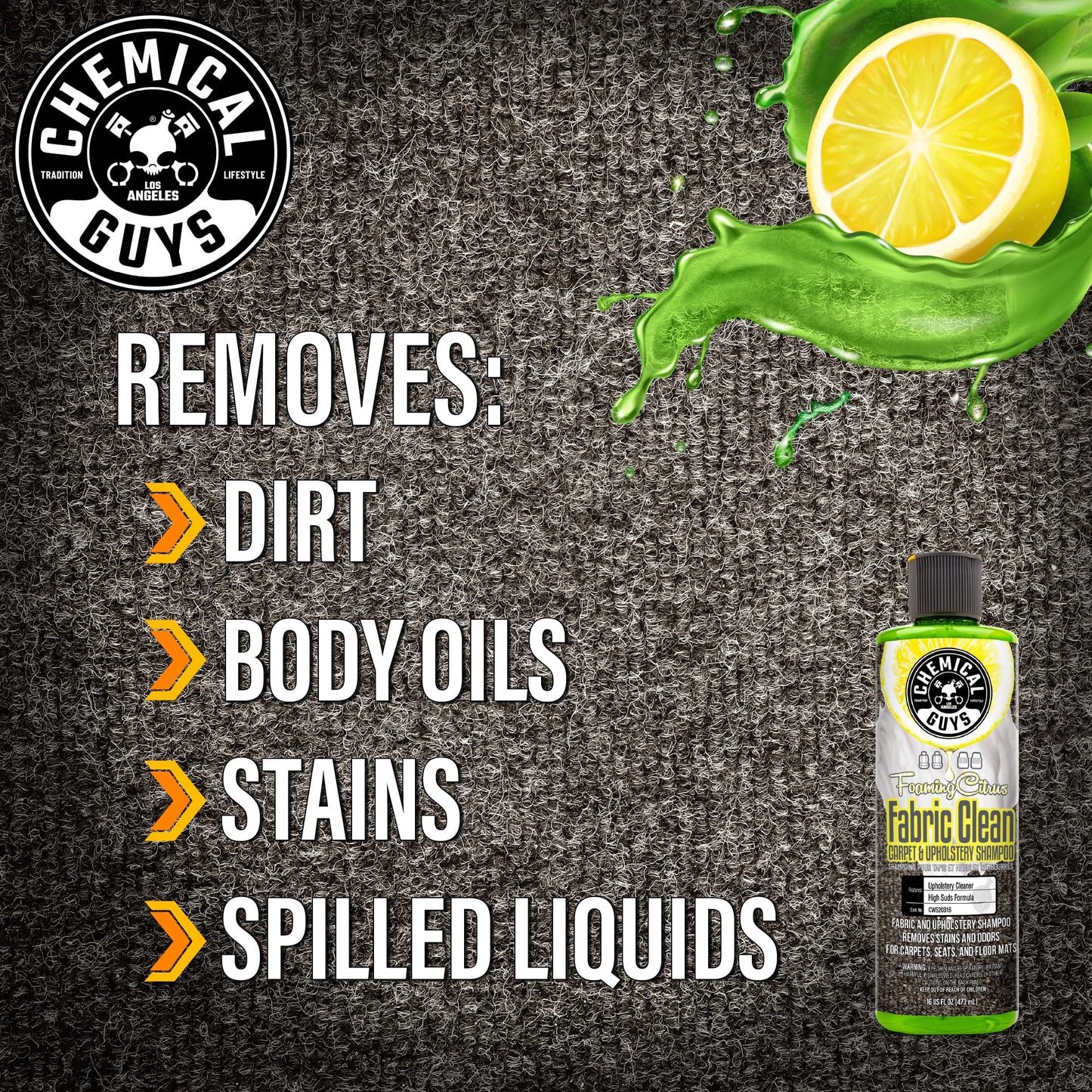 Chemical Guys Foaming Citrus Fabric Clean Carpet And Upholstery Shampoo And Odor Eliminator, Safe for Cars, Trucks, SUVs, Motorcycles, RVs & More, 473 ml, 2 Pack