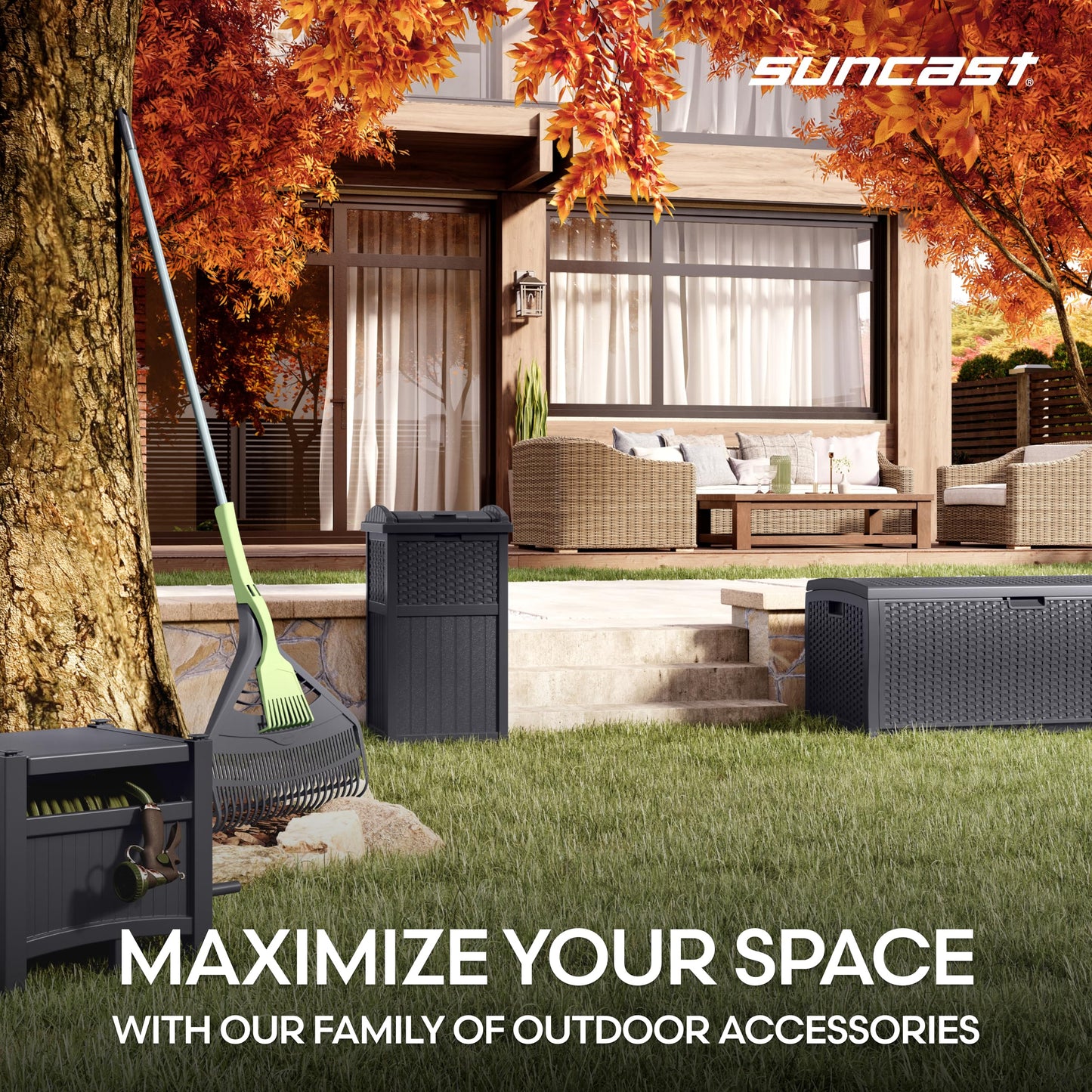 Suncast 33 Gallon Wicker-Style Hideaway Trash Can with Secure Latching Lid and Weather-Resistant Construction for Patio, Cyberspace Grey, Made in the USA Suncast