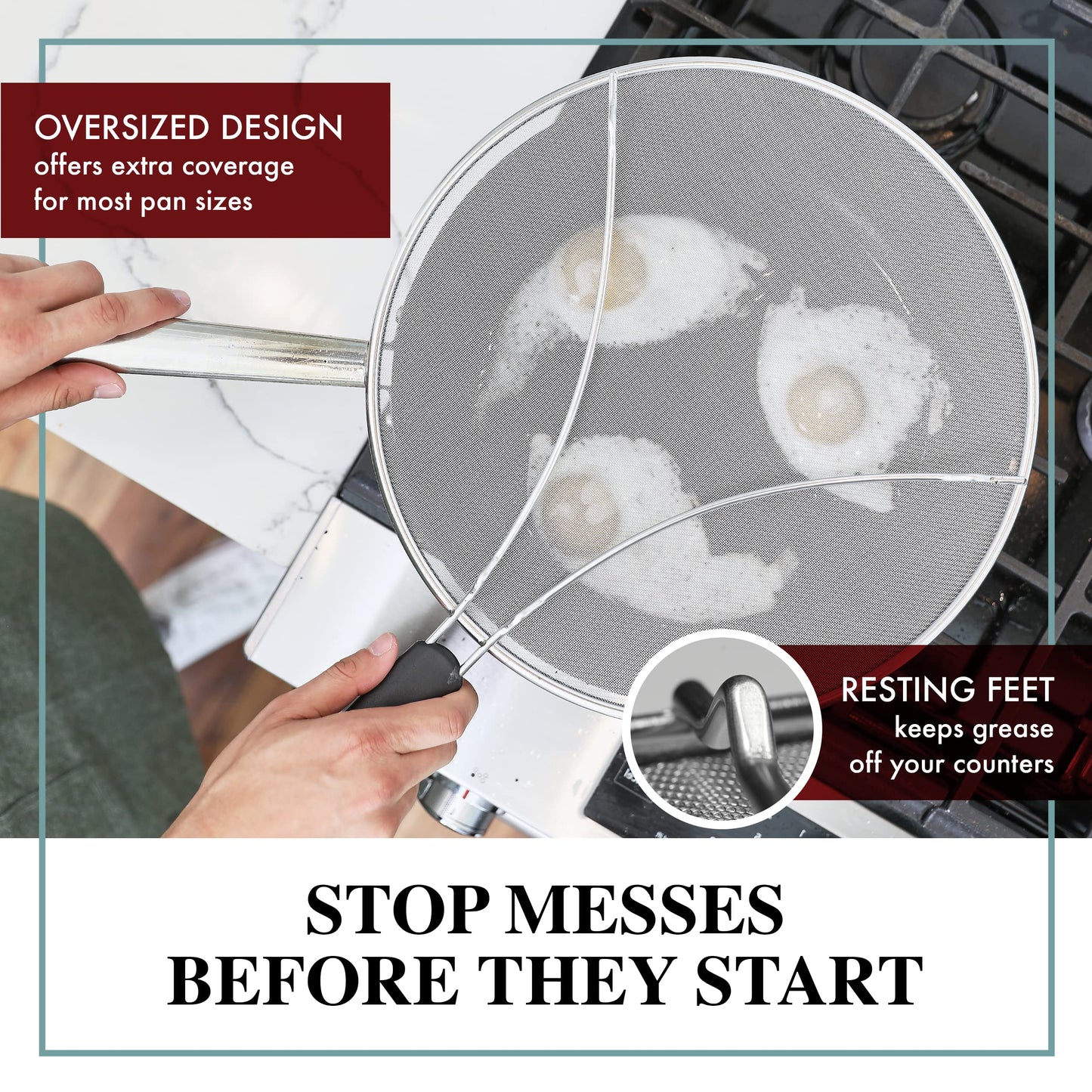 Splatter Screen for Frying Pan - 13 Inch Stainless Steel Grease Splatter Guard - Cover Oil Splash When Sizzling Bacon, Cooking Fried Chicken or Popcorn - Available at All In One Marketplace Canada