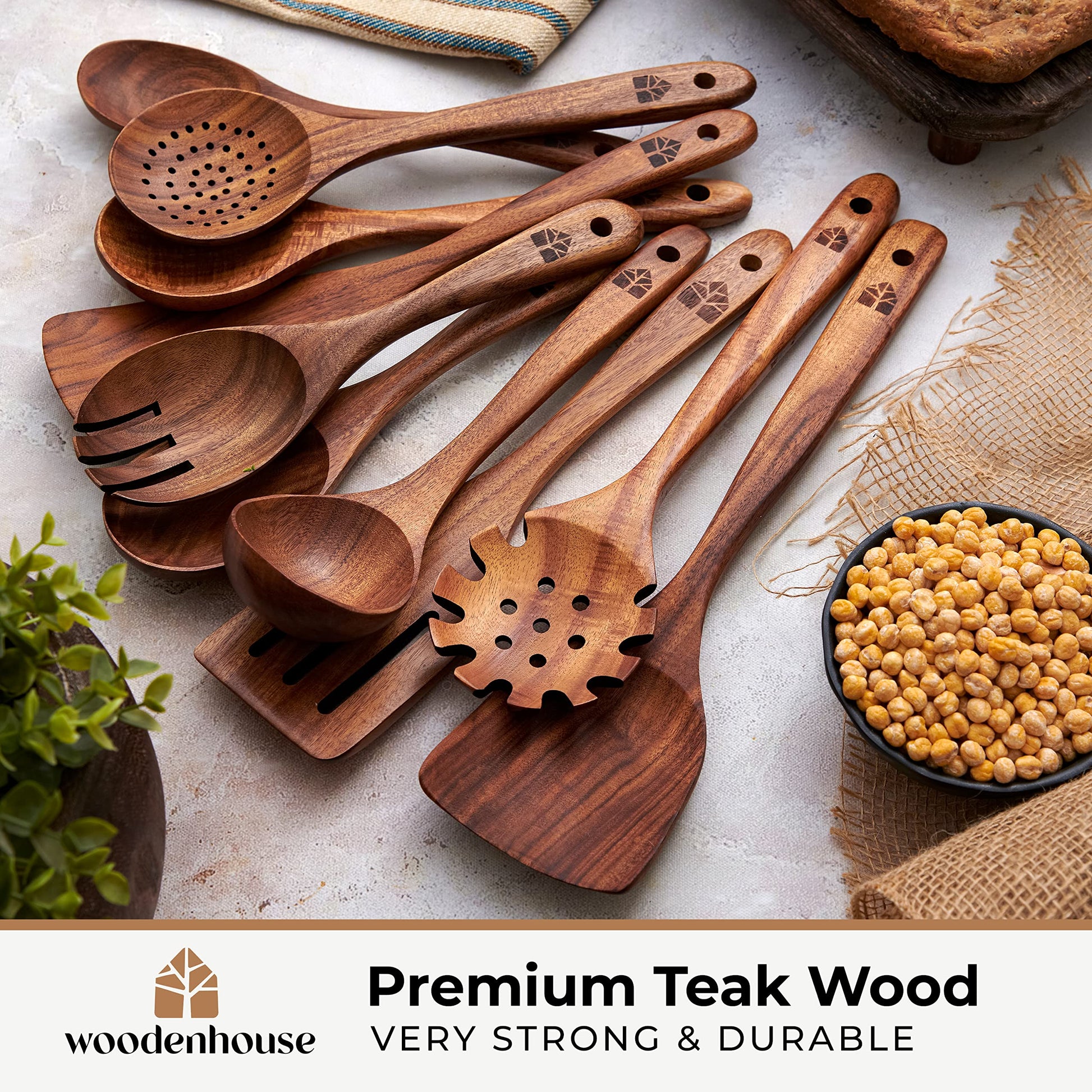 Wooden Spoons for Cooking, Kitchen Utensil Set, 10 Pcs Cooking Utensils Set for Nonstick Pans & Cookware – Study Teak Wood, Lightweight & Heat Resistant - Available at All In One Marketplace Canada
