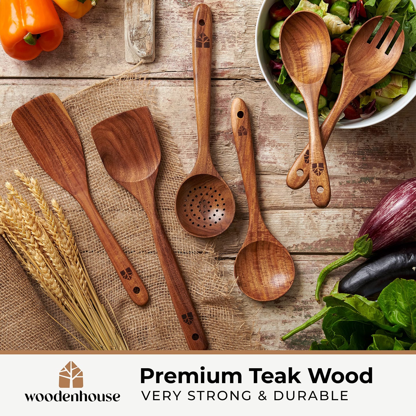 Wooden Spoons for Cooking – Wooden Kitchen Utensils Set, 6 Pcs Teak Wood Utensil Set – Comfortable Grip Non–Stick Wooden Cooking Utensils - Available at All In One Marketplace Canada