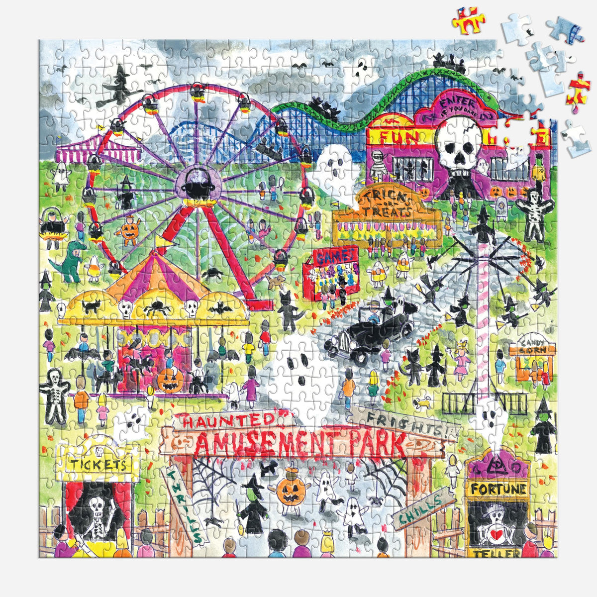 Galison Michael Storrings Haunted Amusement Park Puzzle – 500 Piece Halloween Puzzle with Spooky Carnival Artwork