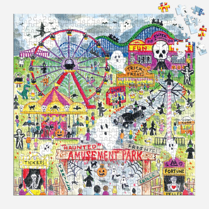 Galison Michael Storrings Haunted Amusement Park Puzzle – 500 Piece Halloween Puzzle with Spooky Carnival Artwork