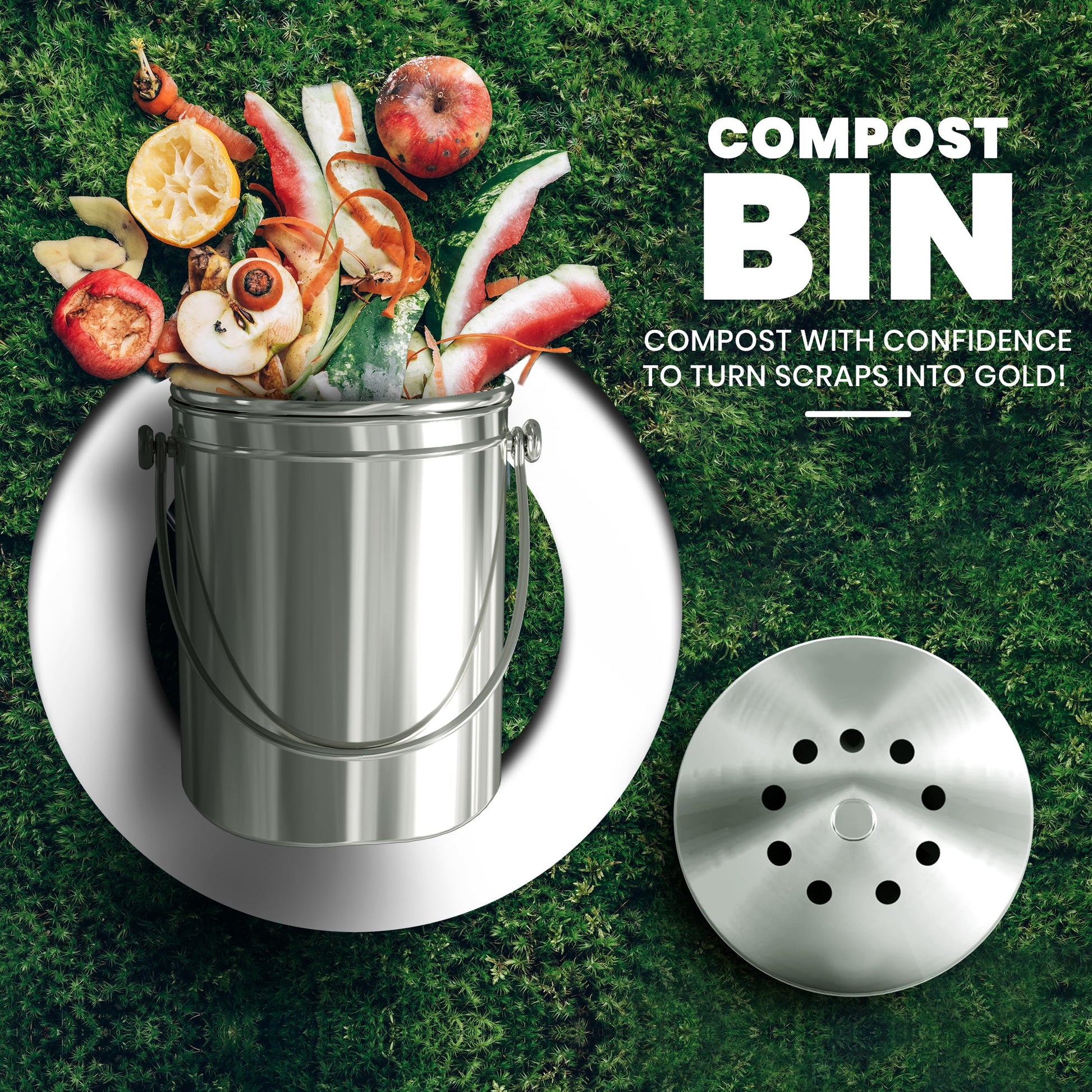 KICHLY Compost Bin, Stainless Steel Bin for Kitchen Countertop, 1.3 Gallon Composting Bucket, Compost Pail with Lid, Includes 1 Spare Charcoal Filter, Silver - Available at All In One Marketplace Canada