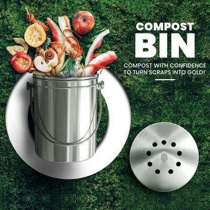 KICHLY Compost Bin, Stainless Steel Bin for Kitchen Countertop, 1.3 Gallon Composting Bucket, Compost Pail with Lid, Includes 1 Spare Charcoal Filter, Silver - Available at All In One Marketplace Canada