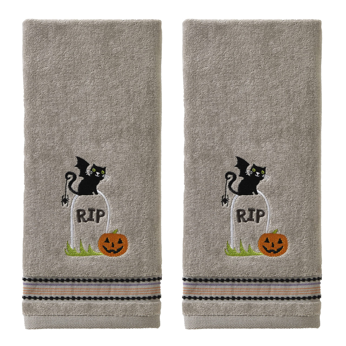 SKL Home Halloween Graveyard Cat Hand Towel 2pc Set for Bath/Kitchen/Bar & Gift, Gray