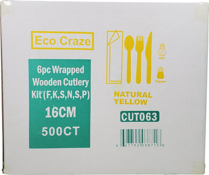 Eco-Craze - Wrapped 6pc Wooden Cutlery Kit (F/K/S/N/S/P)