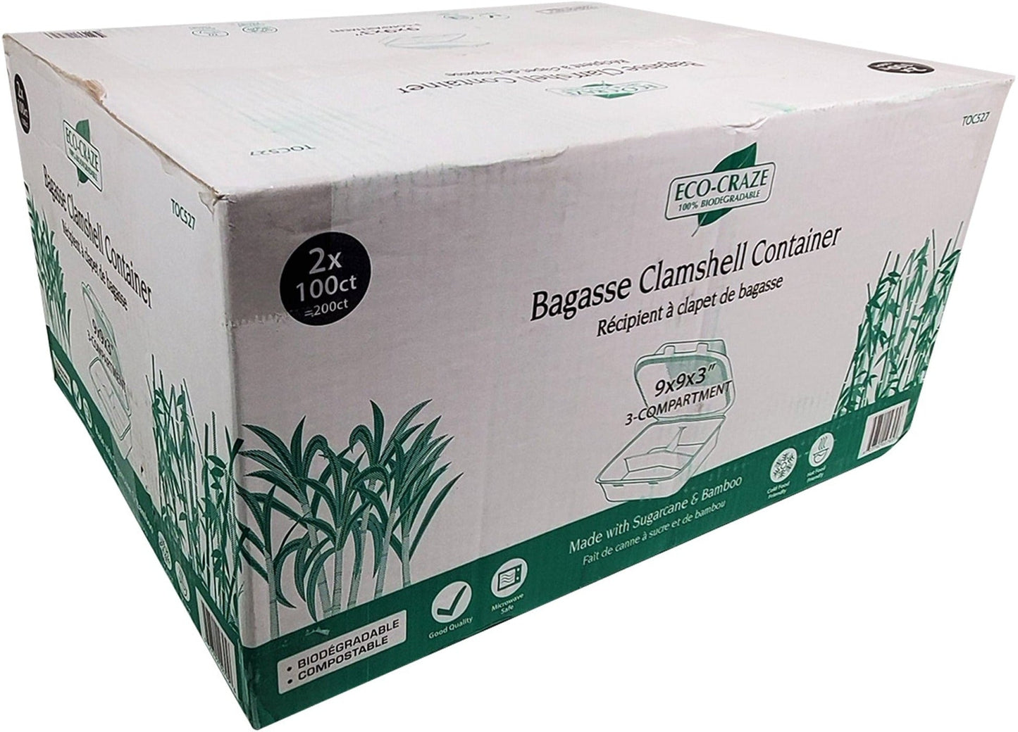 Eco-Craze - Contenant à charnière en bagasse - 9X9 - 3 compartiments