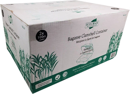 Eco-Craze - Contenant à charnière en bagasse - 9X9 - 3 compartiments