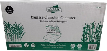 Eco-Craze - Contenant à charnière en bagasse - 9X9 - 3 compartiments