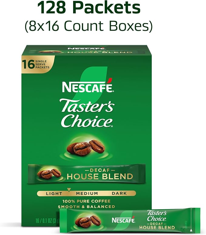 Nescafe Taster's Choice Decaf House Blend coffee packet box in green, with a single packet shown in front and text above reading '128 Packets (8x16 Count Boxes)'.