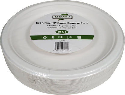 Eco-Craze - Assiette ronde en bagasse de 9 po - Emballage de vente au détail