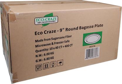 Eco-Craze - Assiette ronde en bagasse de 9 po - Emballage de vente au détail