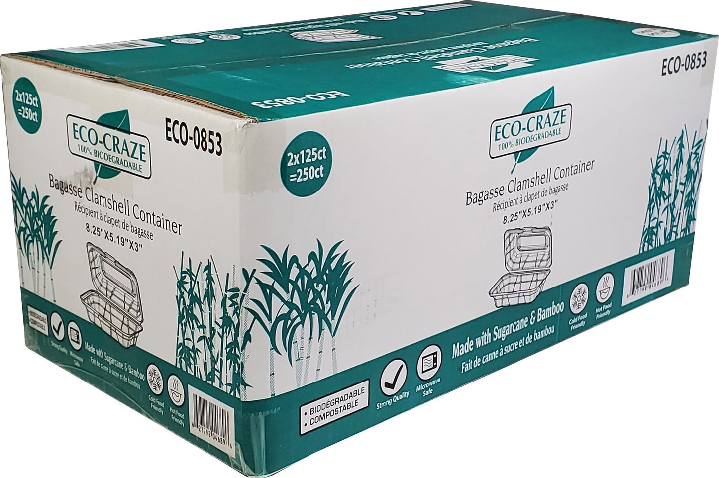 Eco-Craze - 8,25 x 5,19 x 3 po - Contenant à clapet en bagasse