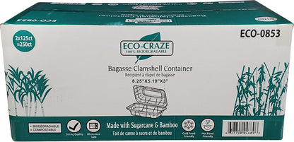 Eco-Craze - 8,25 x 5,19 x 3 po - Contenant à clapet en bagasse