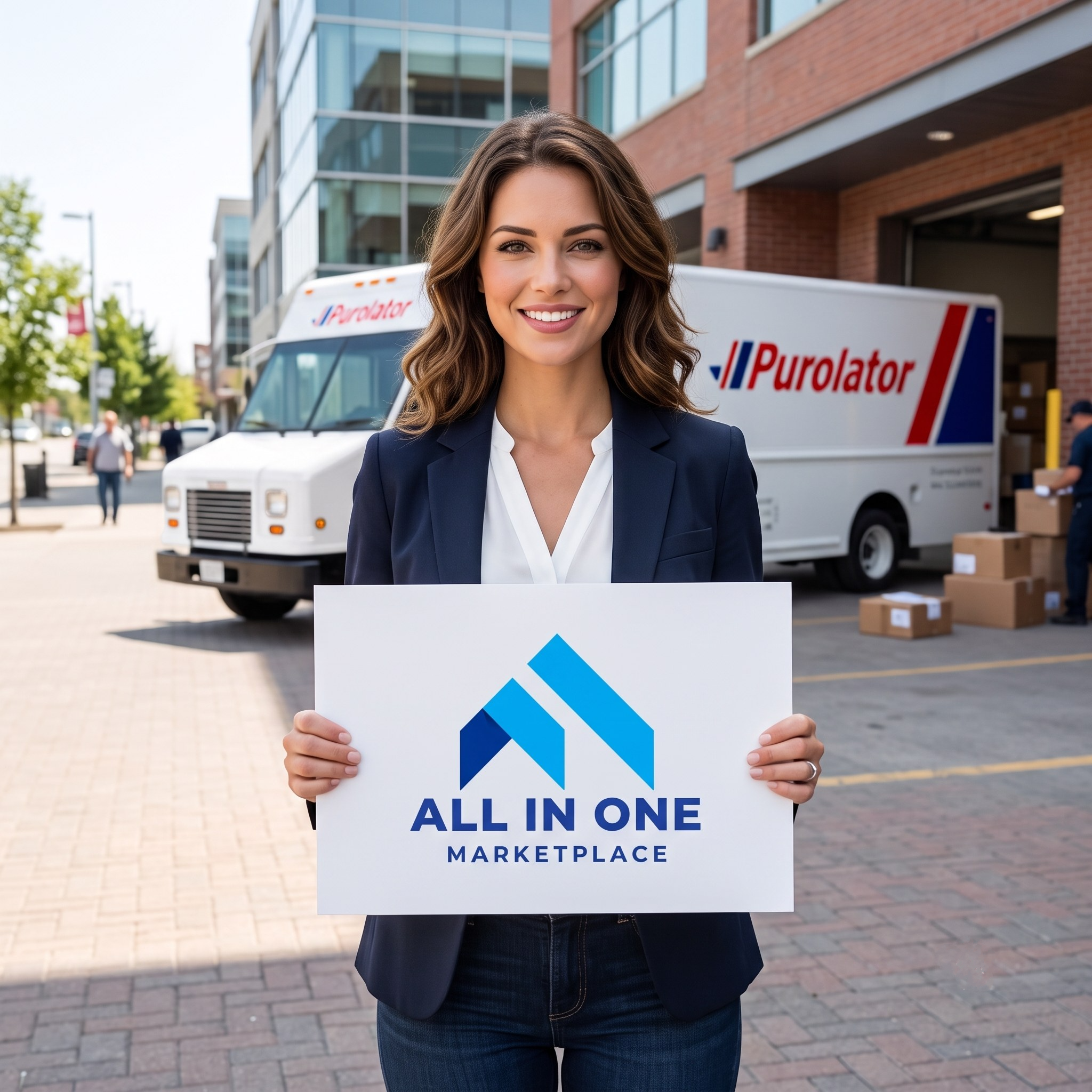 A woman in a navy blazer and white blouse stands outdoors holding a white sign with a blue geometric logo and the text 'ALL IN ONE MARKETPLACE.' A white delivery truck with 'Purolator' branding is visible in the background on a paved street in front of a brick building.
